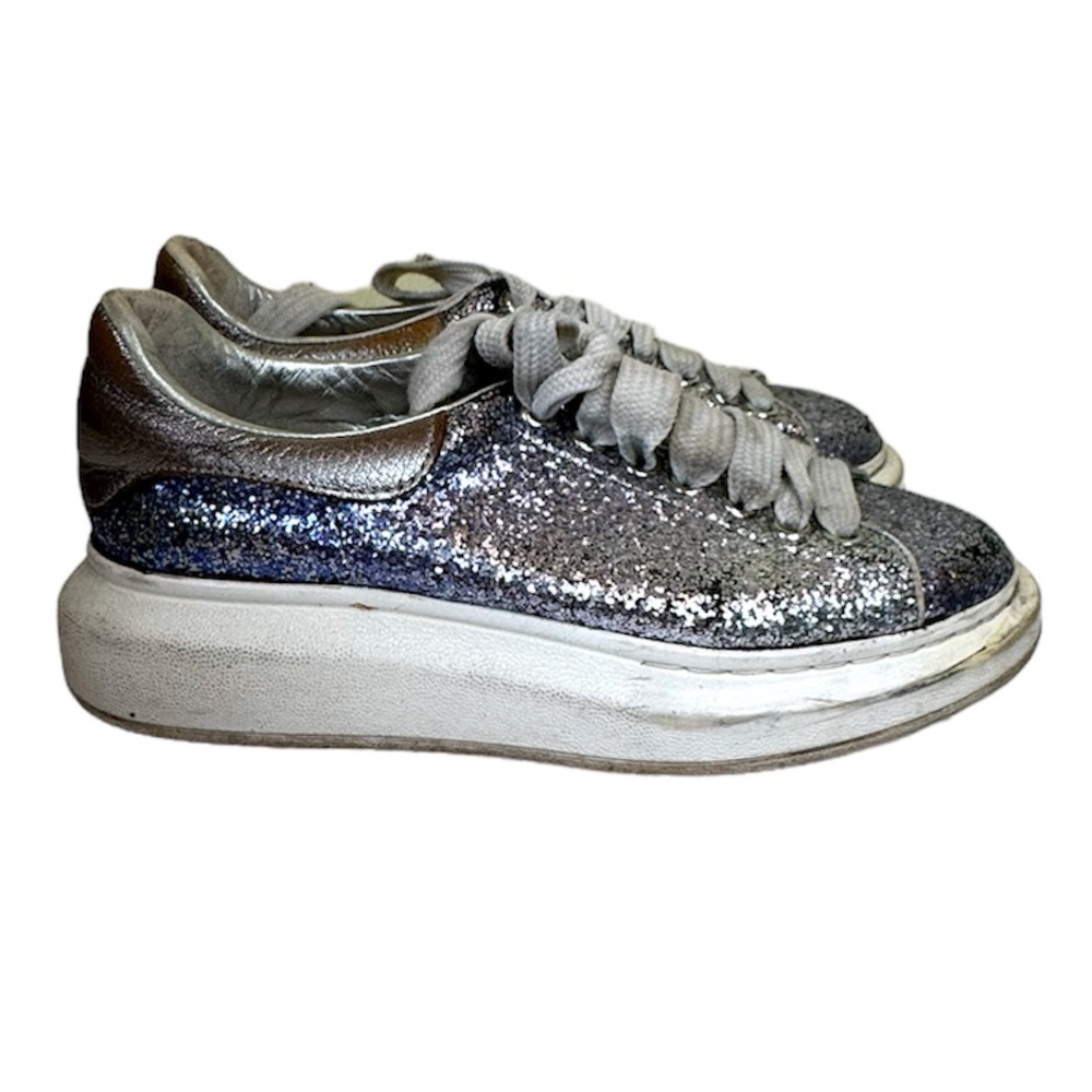 Alexander McQueen Metallic Oversized Glitter Leather Sneakers LaceUp Shoes Wedge